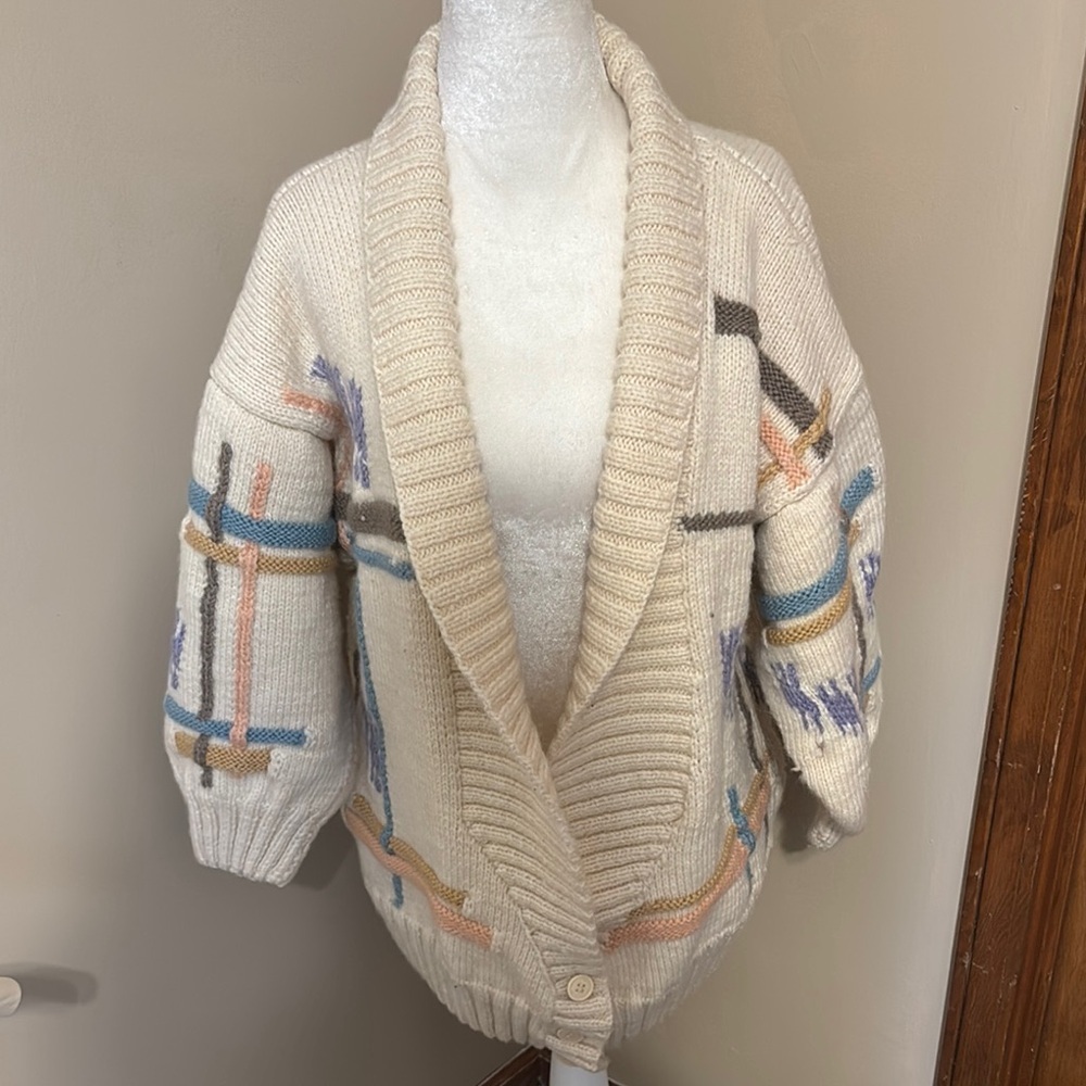 Berek Cream and Blue Cardigan Sweater with Shawl Collar